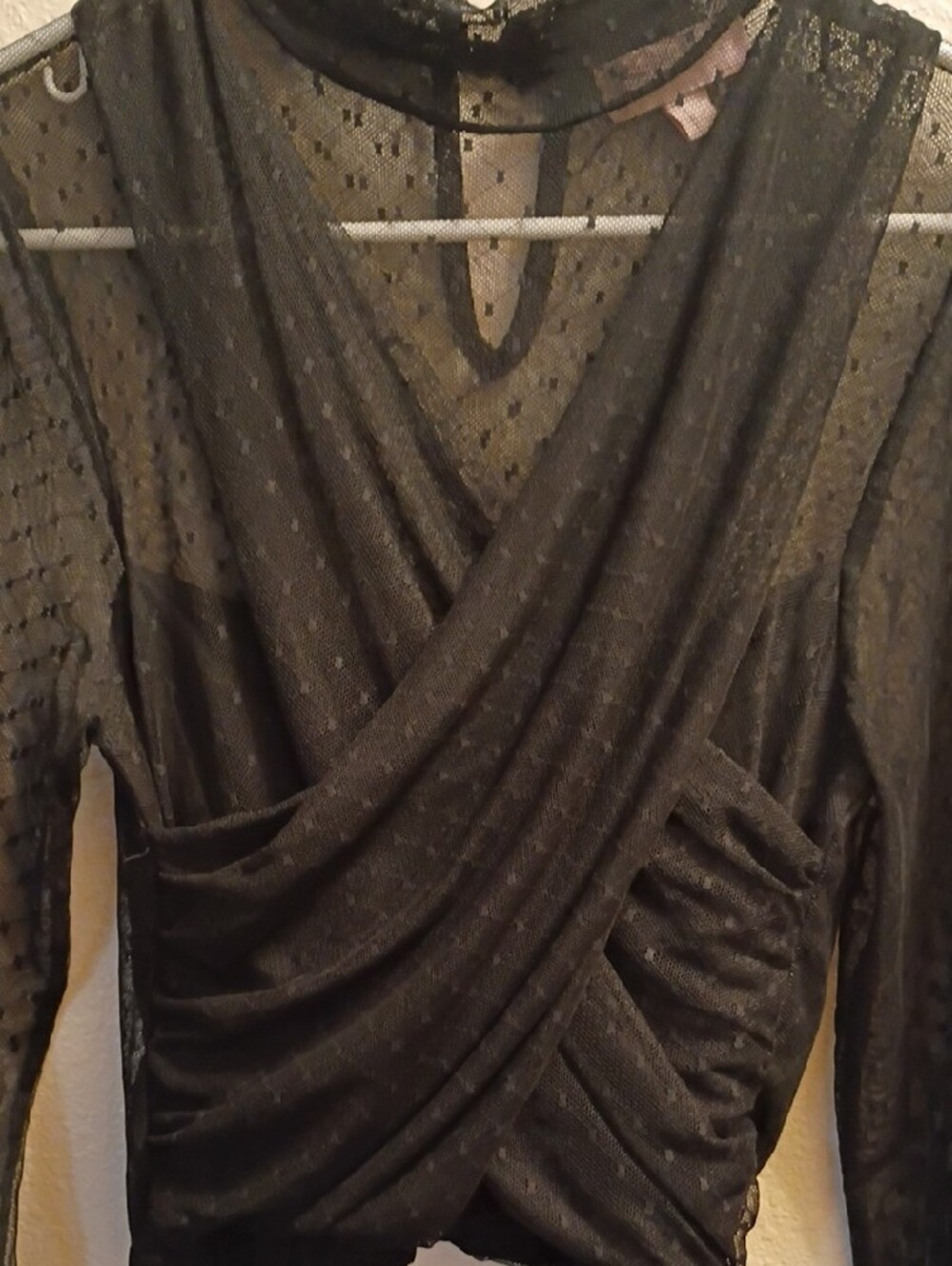 Black Sheer Dot Wrap-Front Blouse - Picture 2 of 6